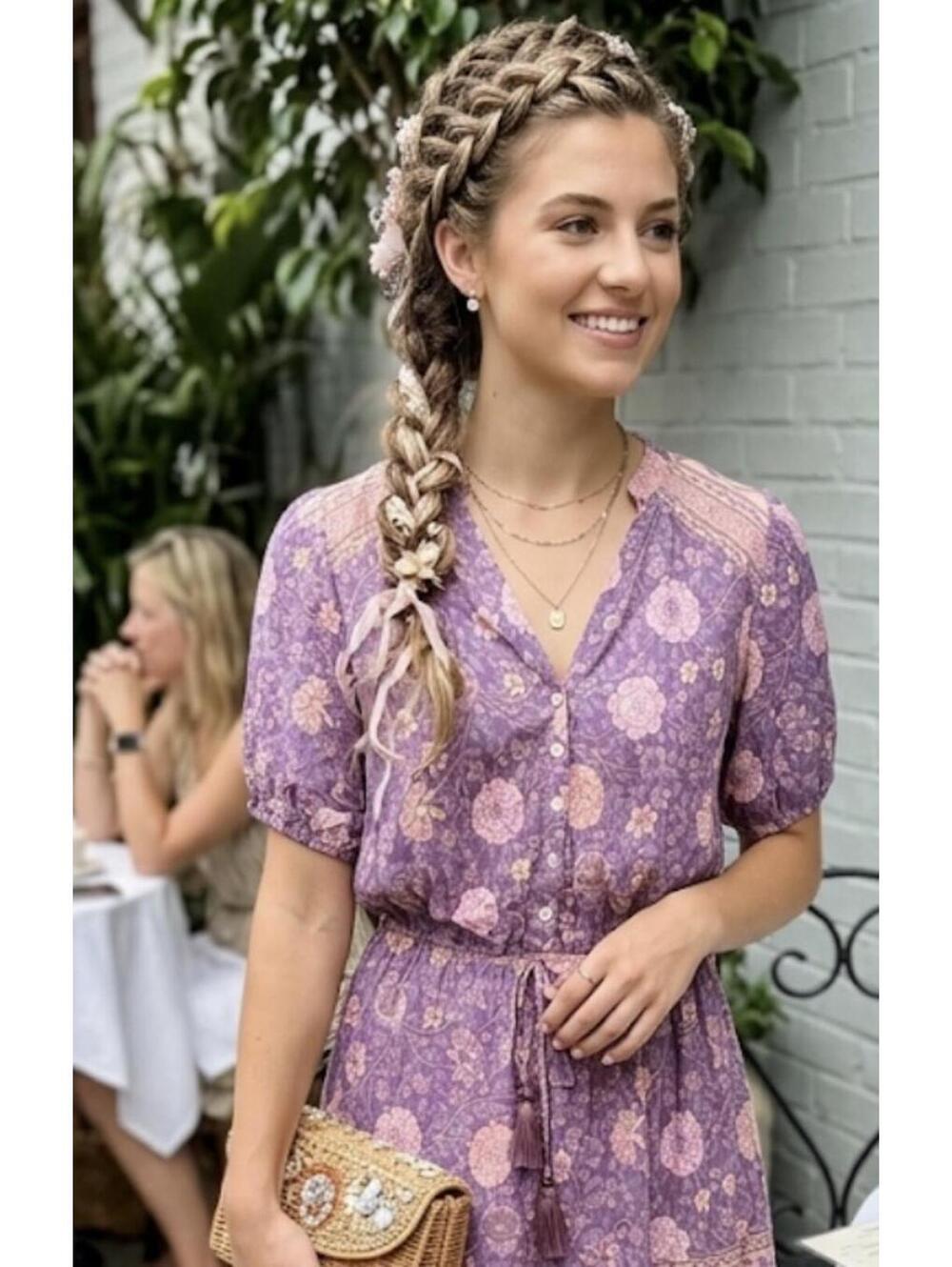 Purple Floral Button-Front Bohemian Midi Dress with Puff Sleeves